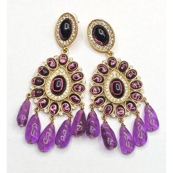 Kenneth Jay Lane KJL Couture Chandelier Statement Runway Purple Gold Earrings - Picture 5 of 9